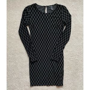Sheer Checkered Velvet Bodycon Long-sleeve Dress
